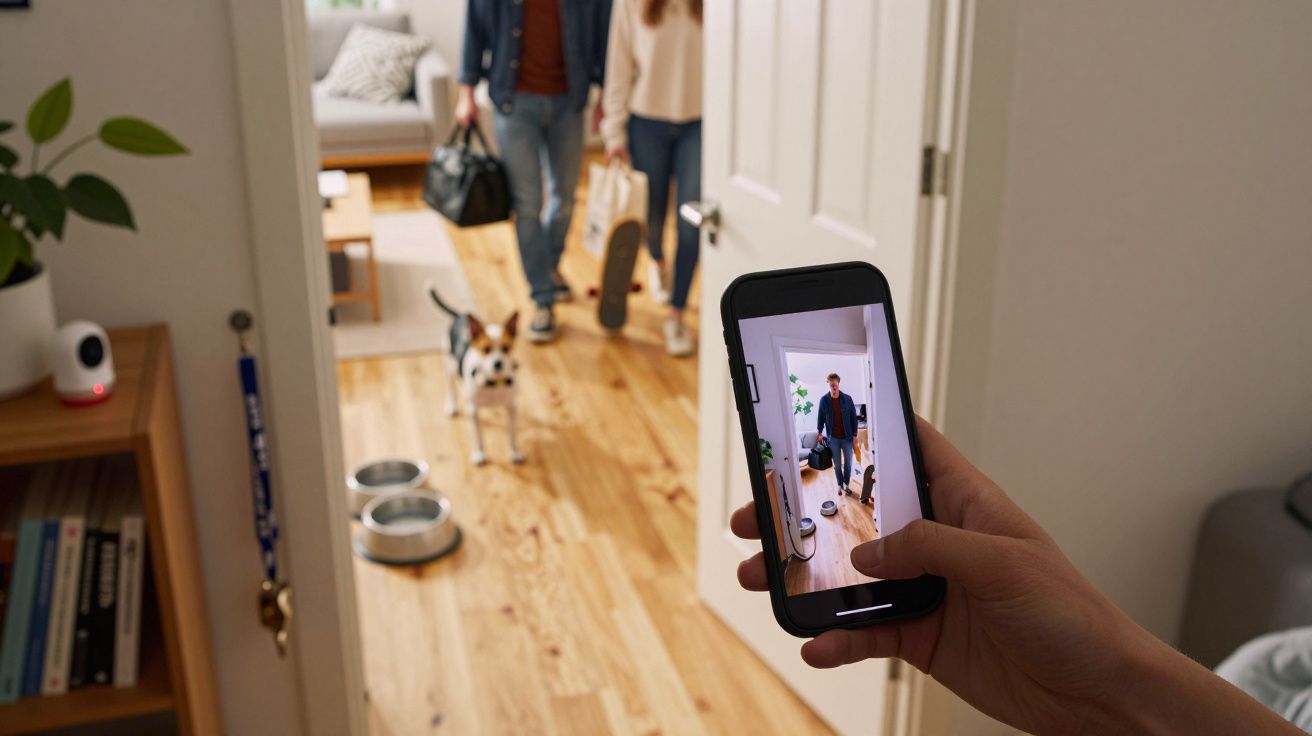 Pessoa segura telemóvel com câmera a mostrar duas pessoas e um cão a entrar numa sala com tábua de skate e malas.