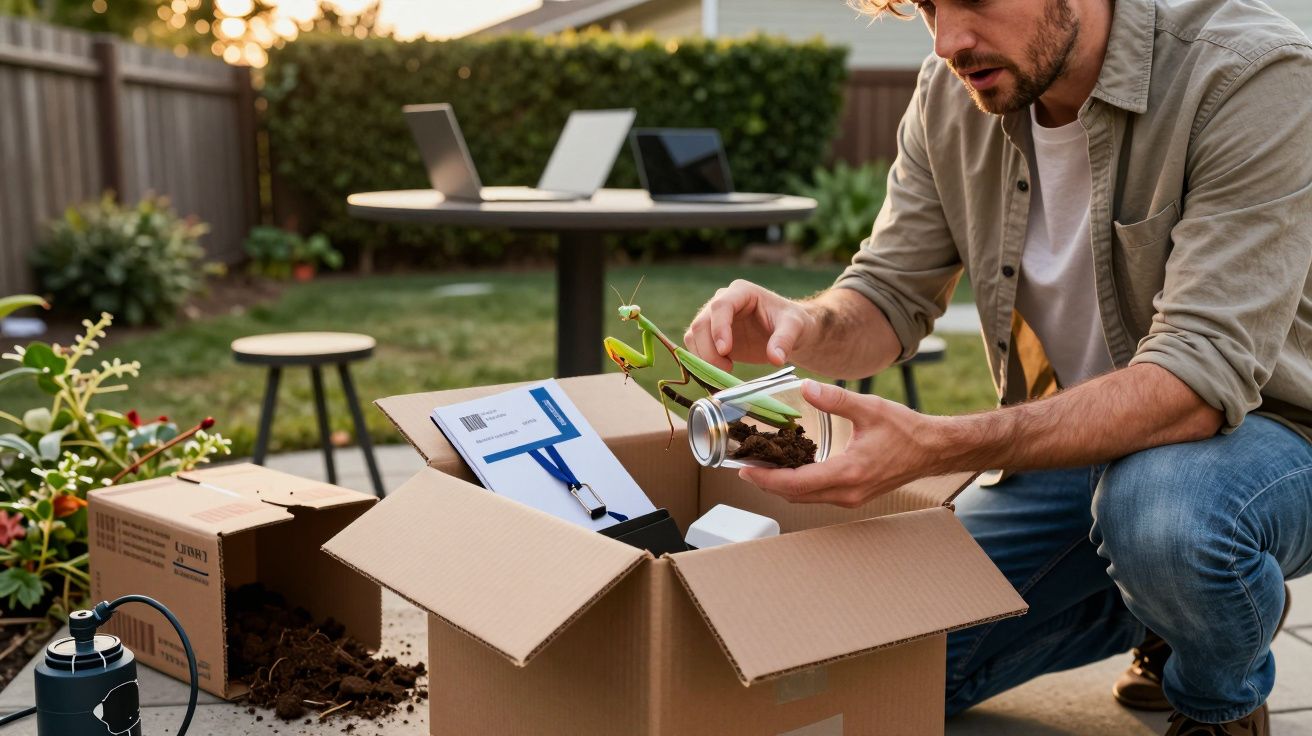 Homem examina planta em vaso junto a caixa de cartão aberta no quintal, com portáteis ao fundo sobre mesa.