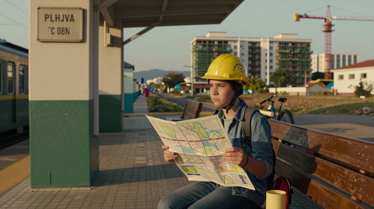 Pessoa com capacete amarelo sentada na estação ferroviária, lendo um mapa.