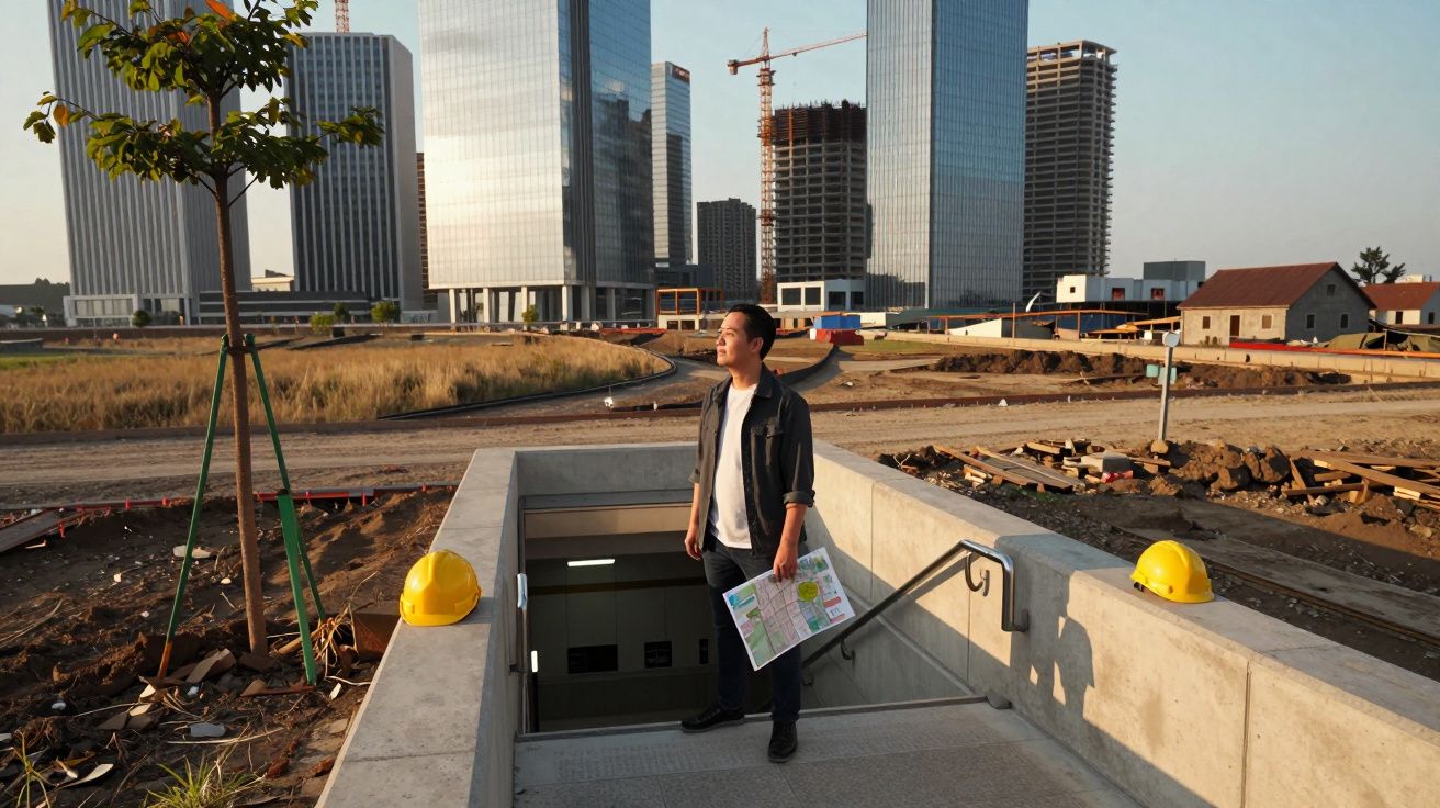 Homem de pé numa saída de metro segurando um mapa, rodeado por construção e arranha-céus ao fundo.