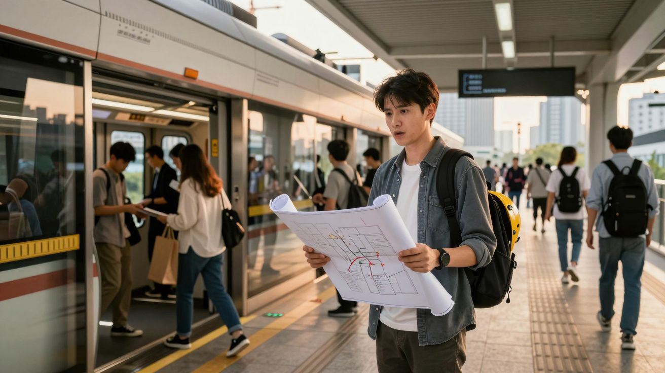 Jovem segura mapa numa estação de metro movimentada, enquanto pessoas entram no comboio.