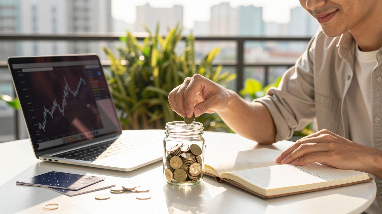 Homem a colocar moedas num frasco. Portátil com gráfico de ações ao fundo, caderno e planta por perto.