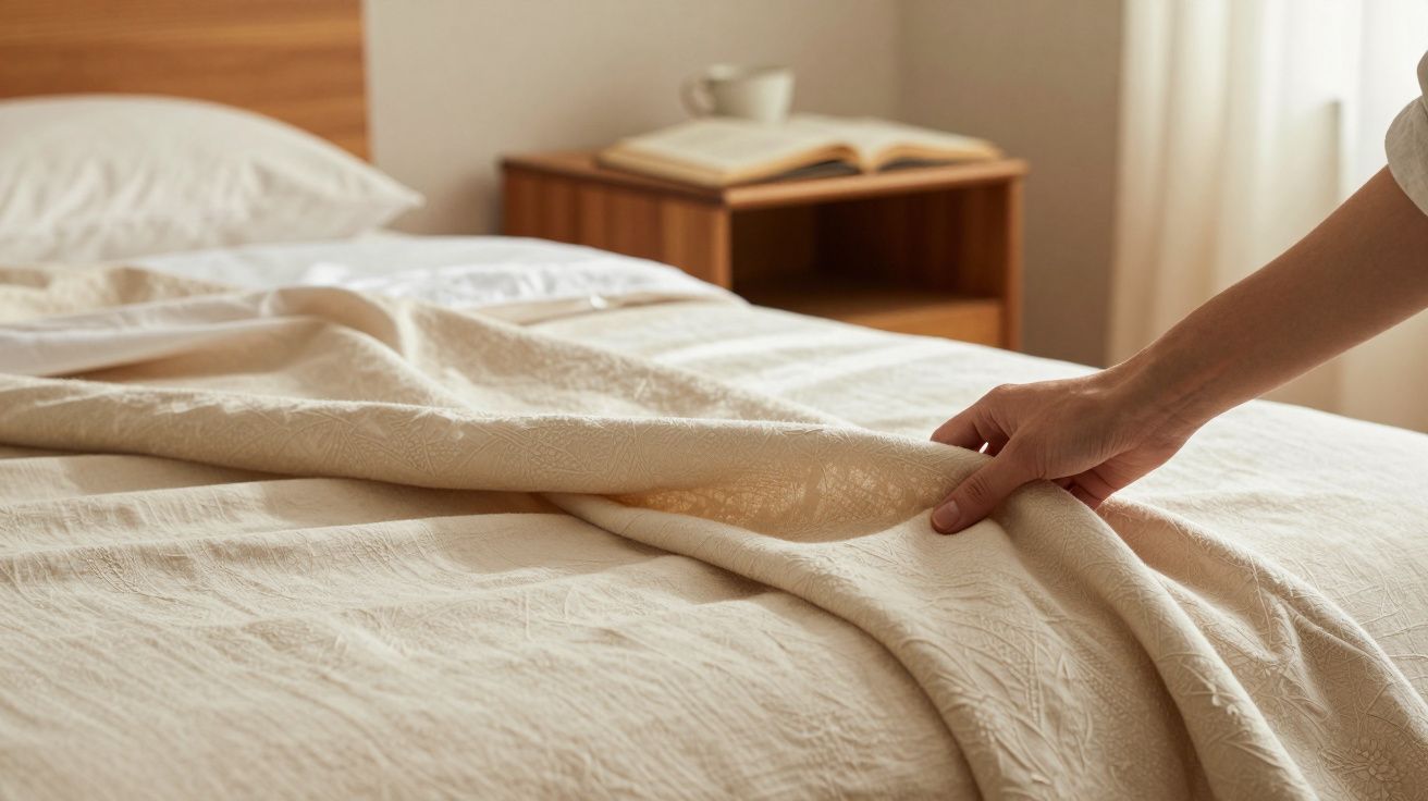 Mão ajusta cobertor bege sobre cama arrumada; mesa de cabeceira com livro e chávena ao fundo.