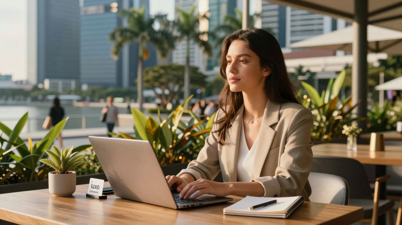 Mulher a trabalhar num portátil, sentada ao ar livre num café com plantas ao redor e prédios ao fundo.