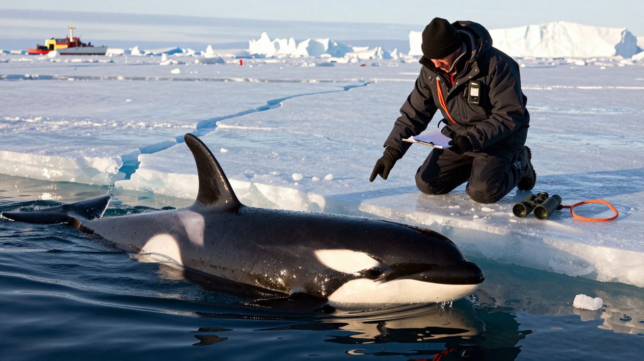 Investigador debruçado observa uma orca junto ao gelo no Ártico; barco visível à distância.