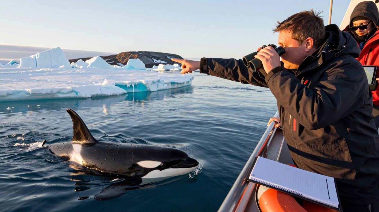 Homem num barco observa uma orca com binóculos no Ártico, rodeado de icebergs e blocos de gelo.