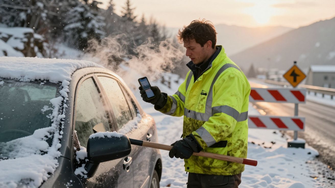 Homem de casaco refletor limpa neve de carro numa estrada nevada ao amanhecer, consultando o telemóvel.