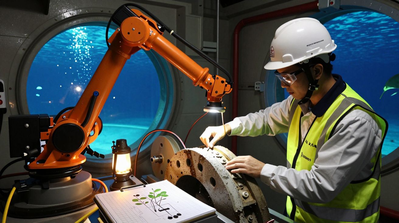 Técnico com capacete e colete refletor trabalha com robô laranja em ambiente subaquático, janela circular ao fundo.