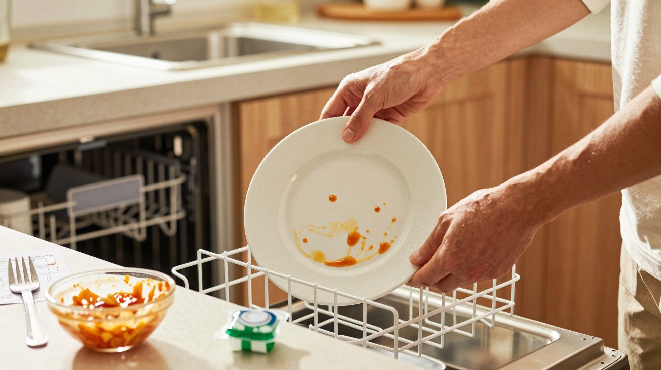Pessoa coloca um prato sujo na máquina de lavar loiça.