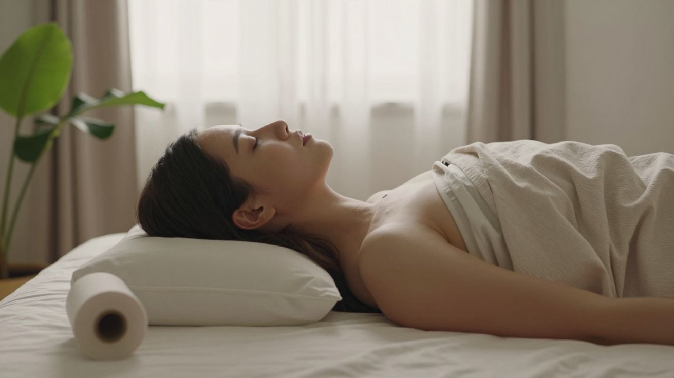 Mulher deitada tranquilamente numa cama, coberta por toalha, com cortinas brancas ao fundo e planta ao lado esquerdo.