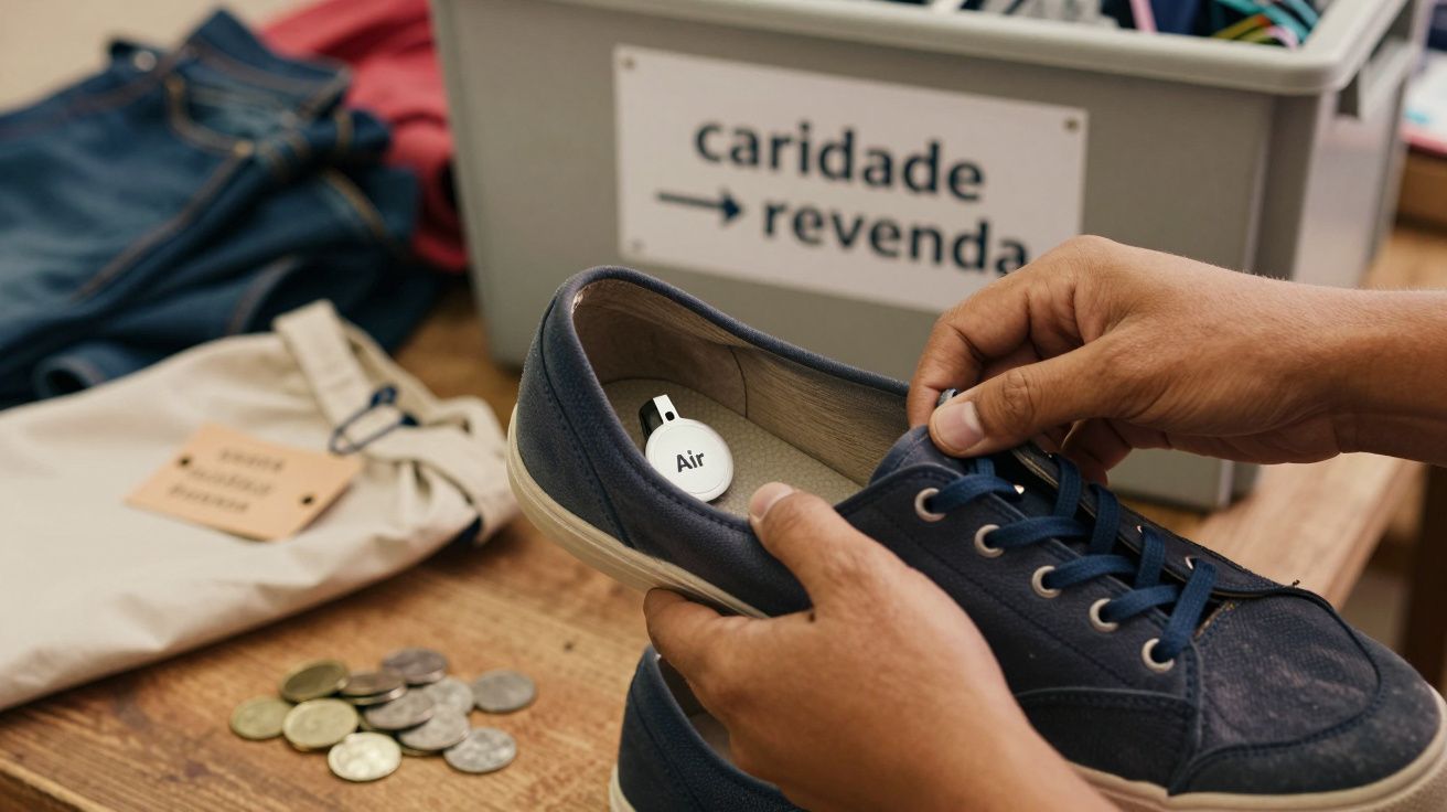 Pessoa insere localizador num sapato azul, roupa usada e moedas numa mesa. Caixa ao fundo: "caridade -> revenda".