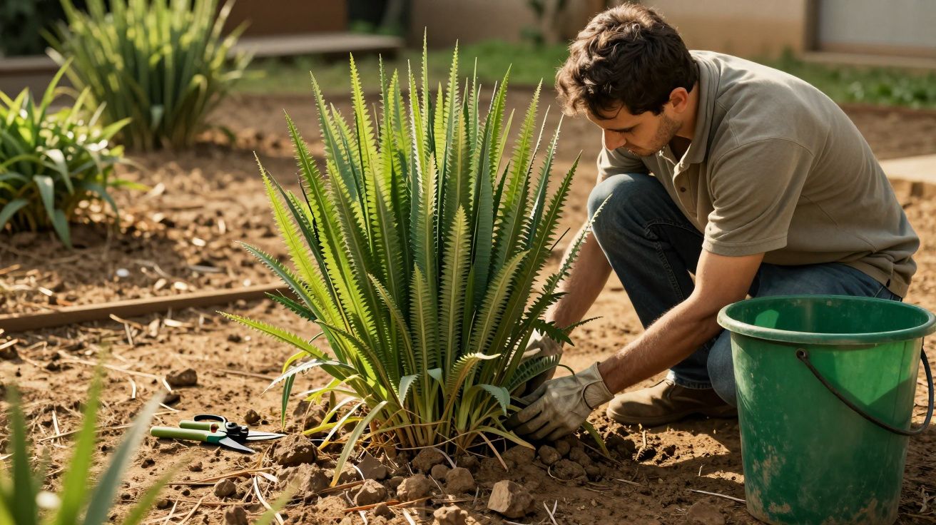 Homem a cuidar de planta no jardim, usando luvas e ferramentas de jardinagem, com um balde verde ao lado.