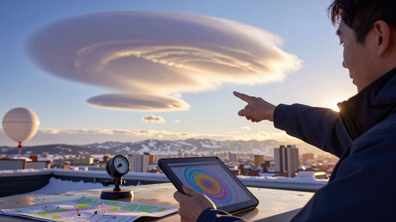Homem aponta para nuvens lenticulares no céu, com tablet e mapa sobre a mesa, cidade e montanhas ao fundo.