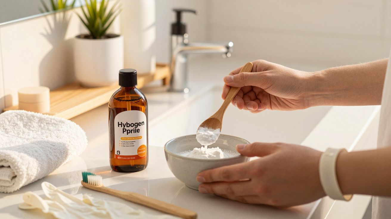 Pessoa misturando pó branco numa taça com uma colher de madeira, junto a produtos de higiene numa casa de banho.