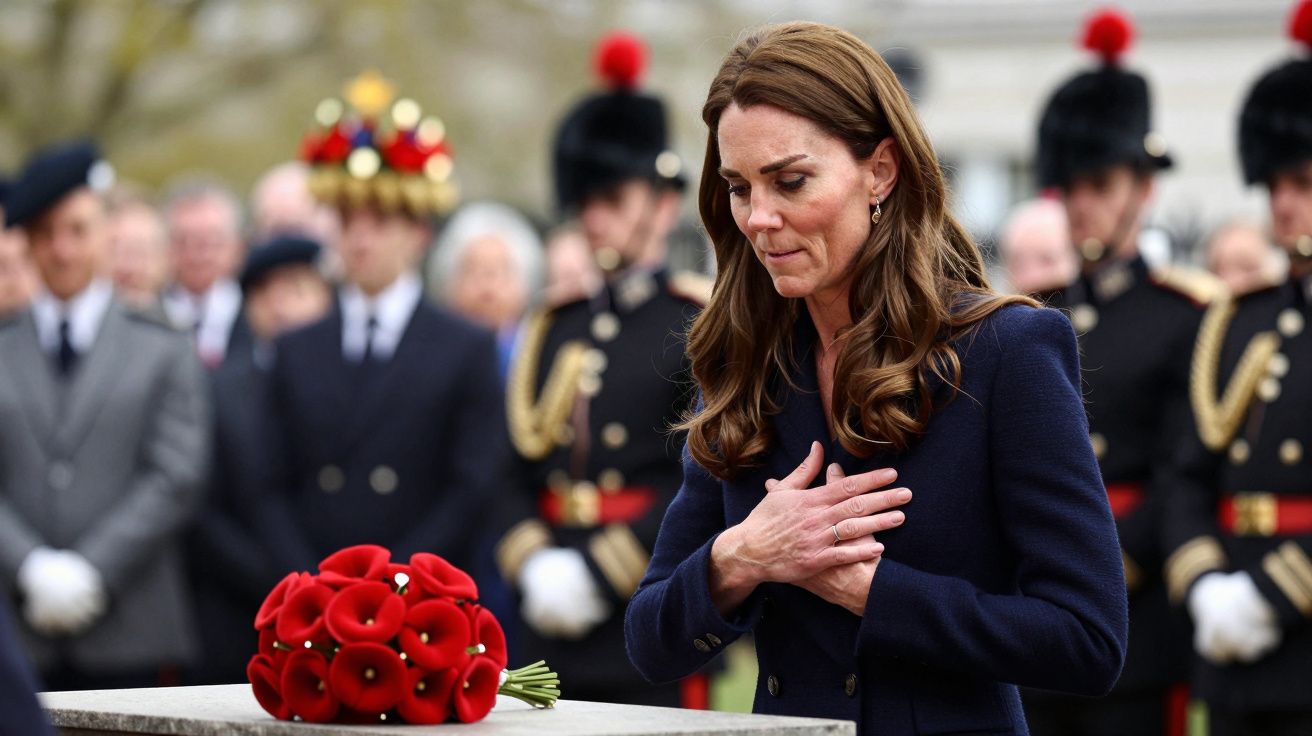 Mulher presta homenagem com flores vermelhas em memorial; soldados em uniforme de gala ao fundo.