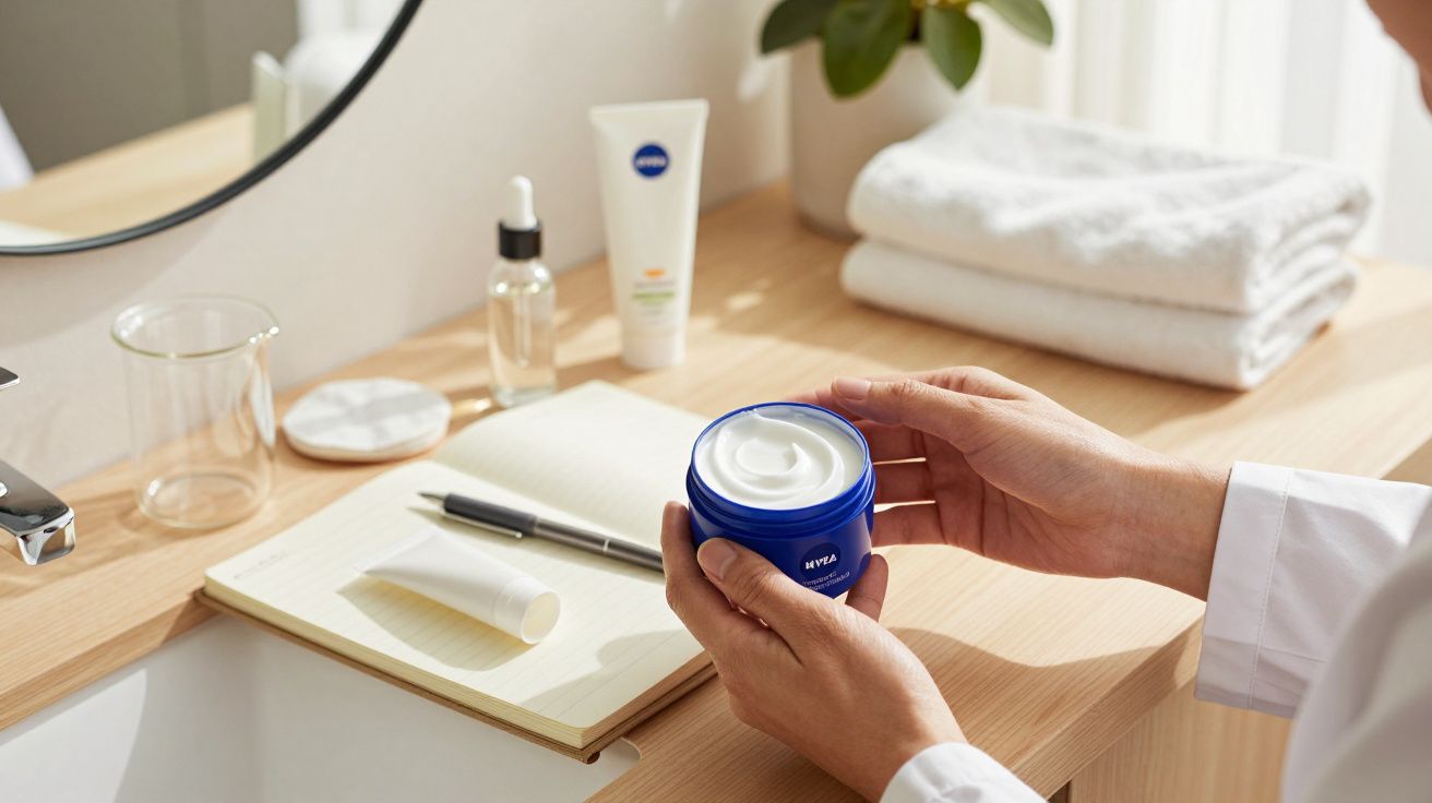 Pessoa segurando um creme Nivea, com caderno, caneta e toalhas no fundo, sobre uma bancada de madeira.