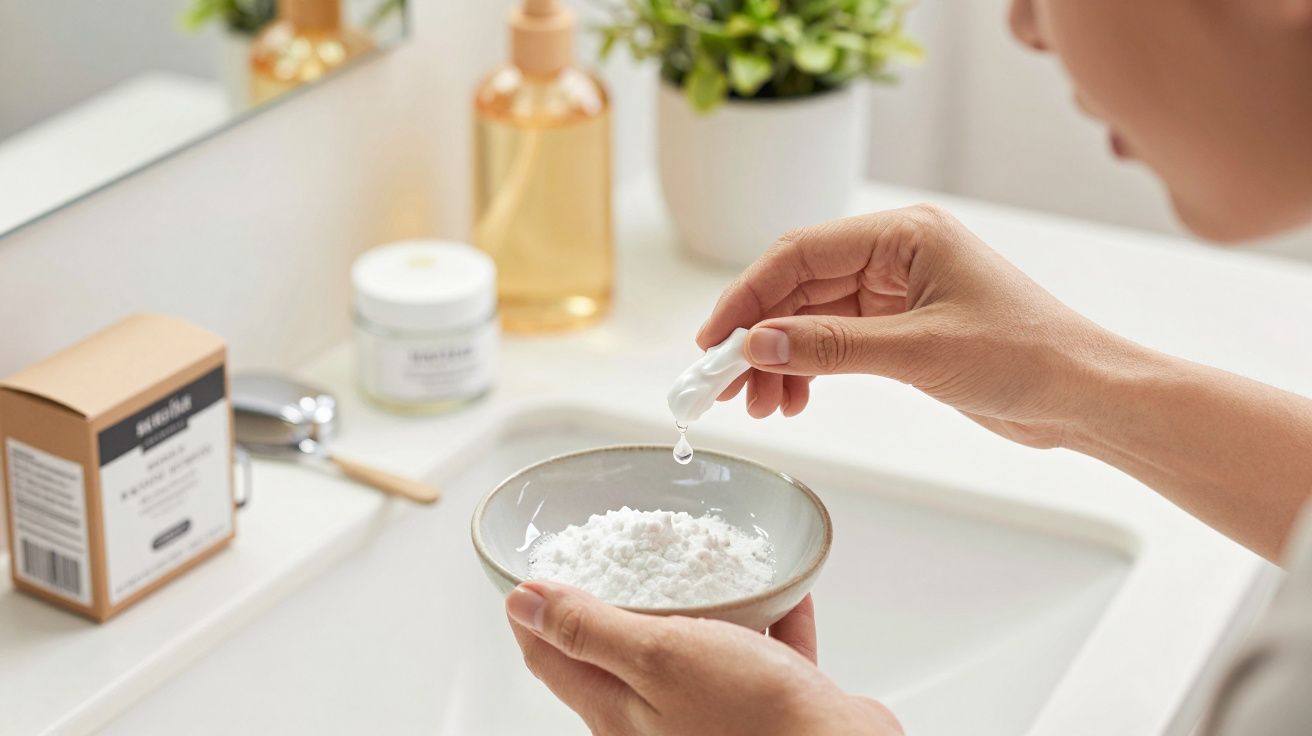 Pessoa misturando pó branco com líquido numa tigela à frente de artigos de higiene em bancada de casa de banho.