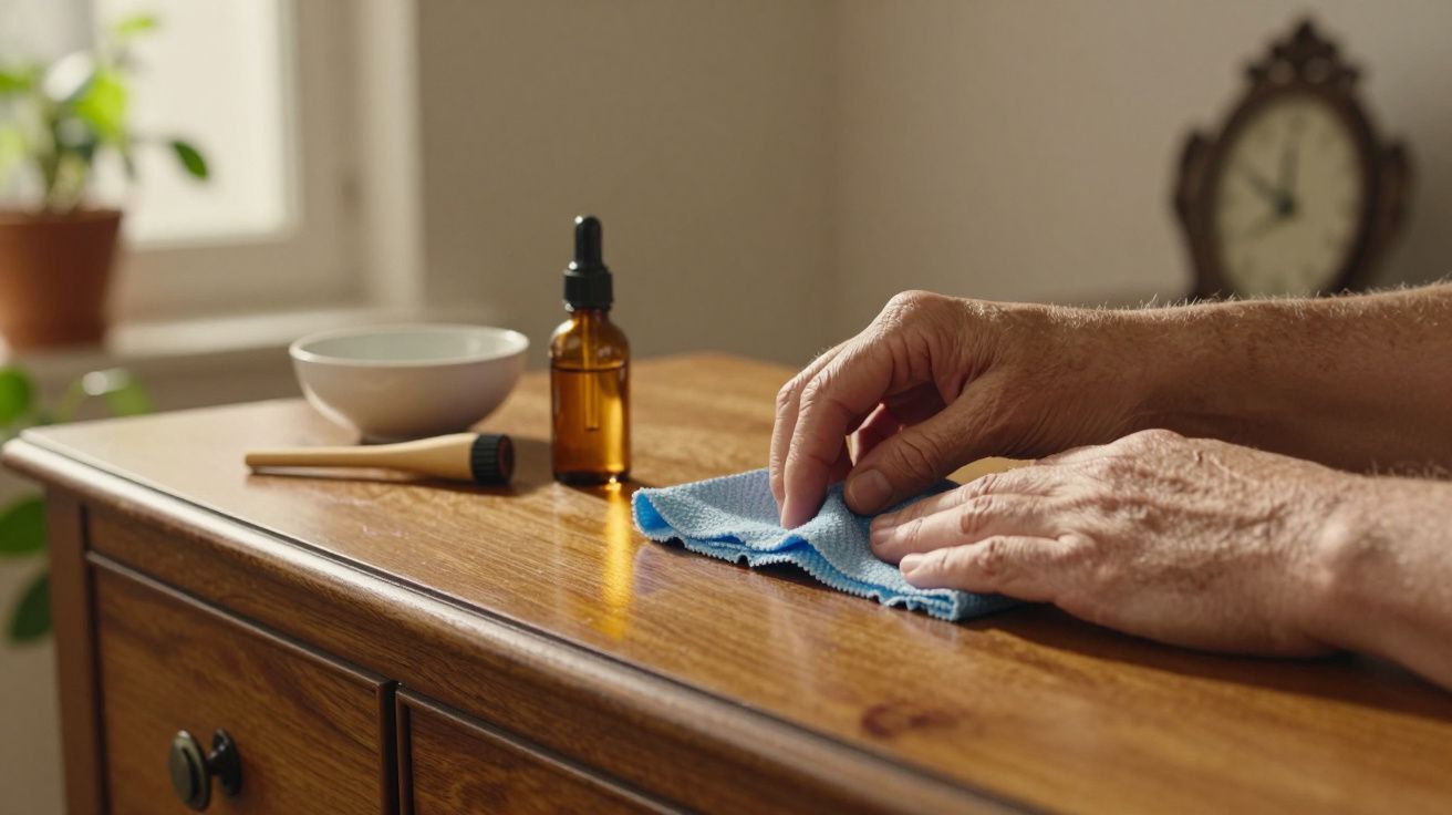 Mãos limpam uma mesa de madeira com um pano azul. Frasco de óleo e pincel ao lado. Relógio ao fundo.