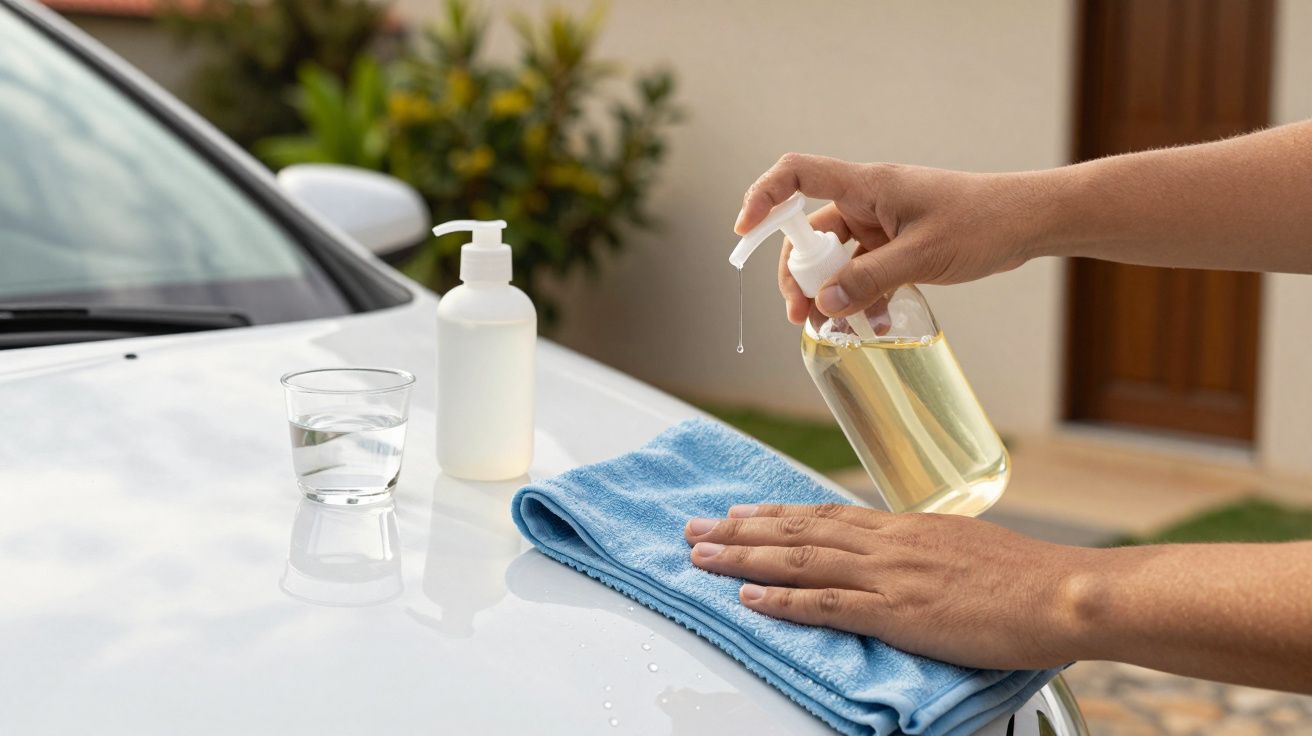 Mãos aplicam detergente de spray em pano azul sobre capô de carro branco; frasco e copo ao lado.