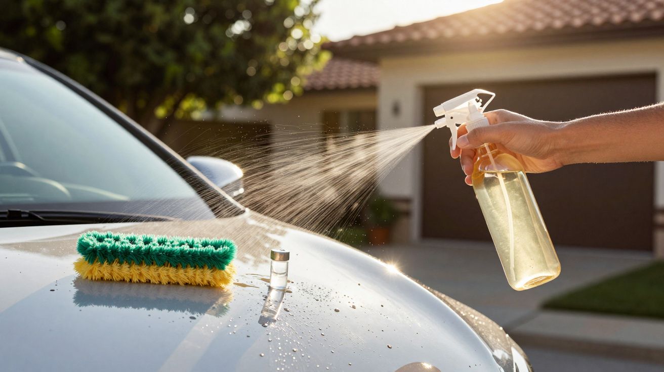 Mão borrifa líquido em carro prateado com escova e tampa de spray ao lado, iluminados por sol de fim de tarde.