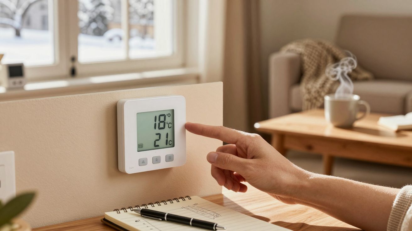 Mão ajusta termóstato digital na parede; sala ao fundo com sofá e caneca sobre a mesa de madeira.