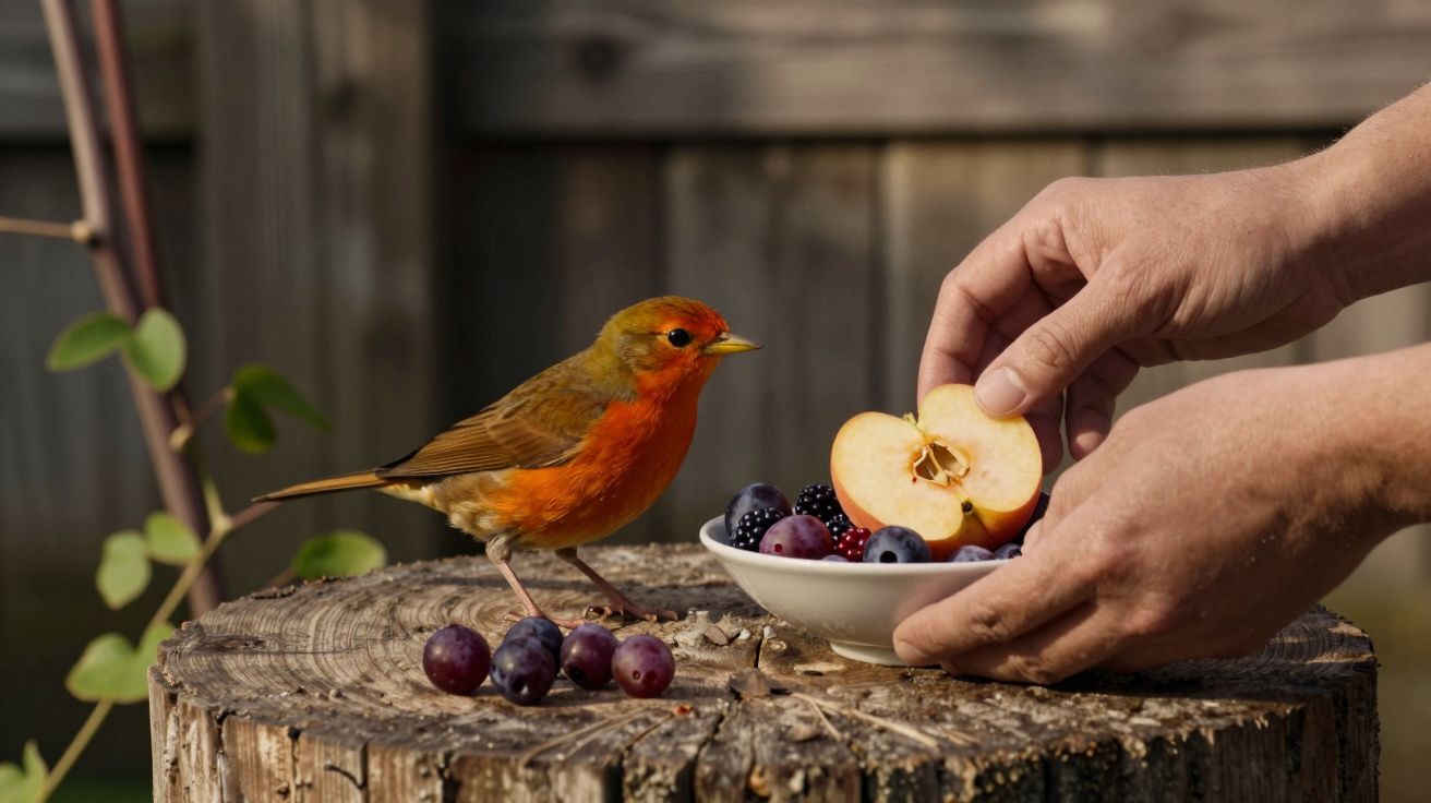 Ave pousada num tronco com prato de frutas, enquanto duas mãos oferecem uma metade de maçã.