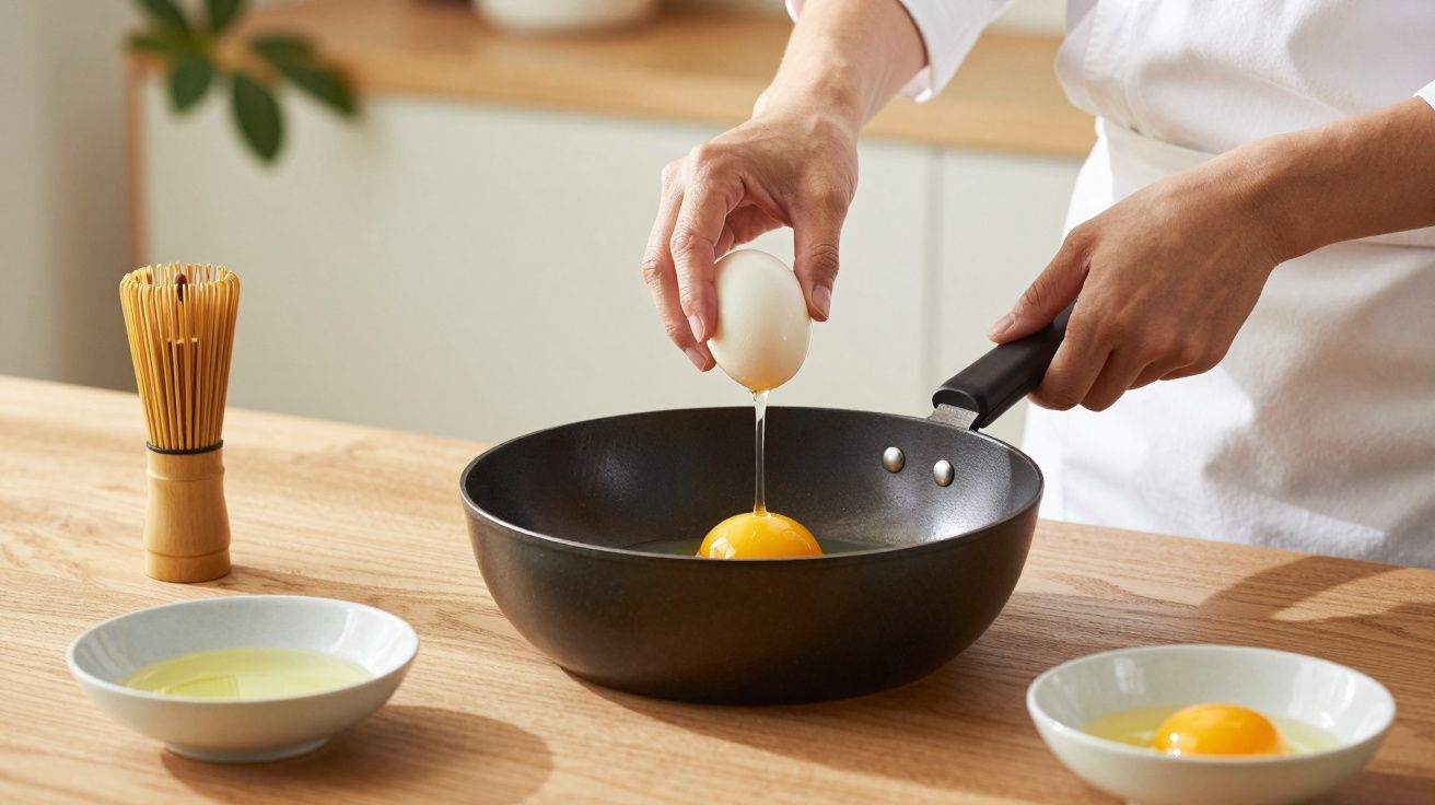 Pessoa a partir ovo numa frigideira preta sobre bancada de madeira, com tigela e pincel ao lado.