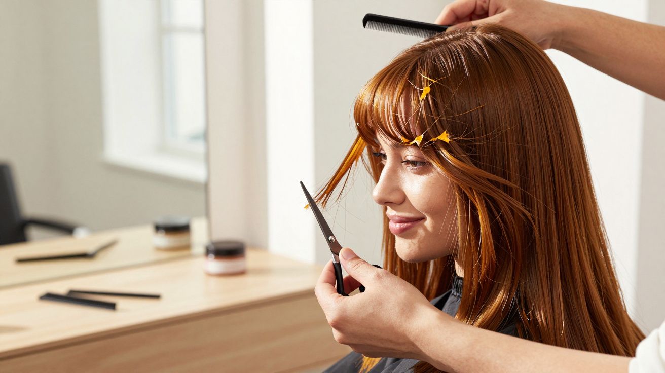 Cabeleireiro corta cabelo ruivo de mulher, usando tesoura e pente, em salão com espelho e produtos de beleza.