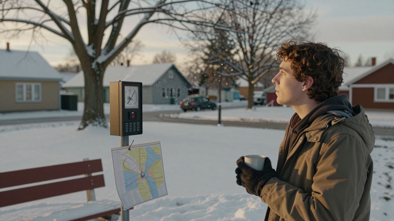 Homem de casaco e luvas segura uma caneca na rua coberta de neve, olhando para medidor com mapas, em frente a casas.