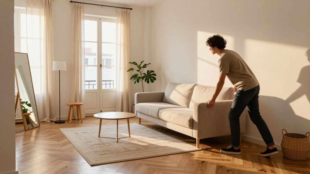 Homem a mover sofá numa sala iluminada, com janelas grandes, mesa de centro, planta e espelho encostado à parede.