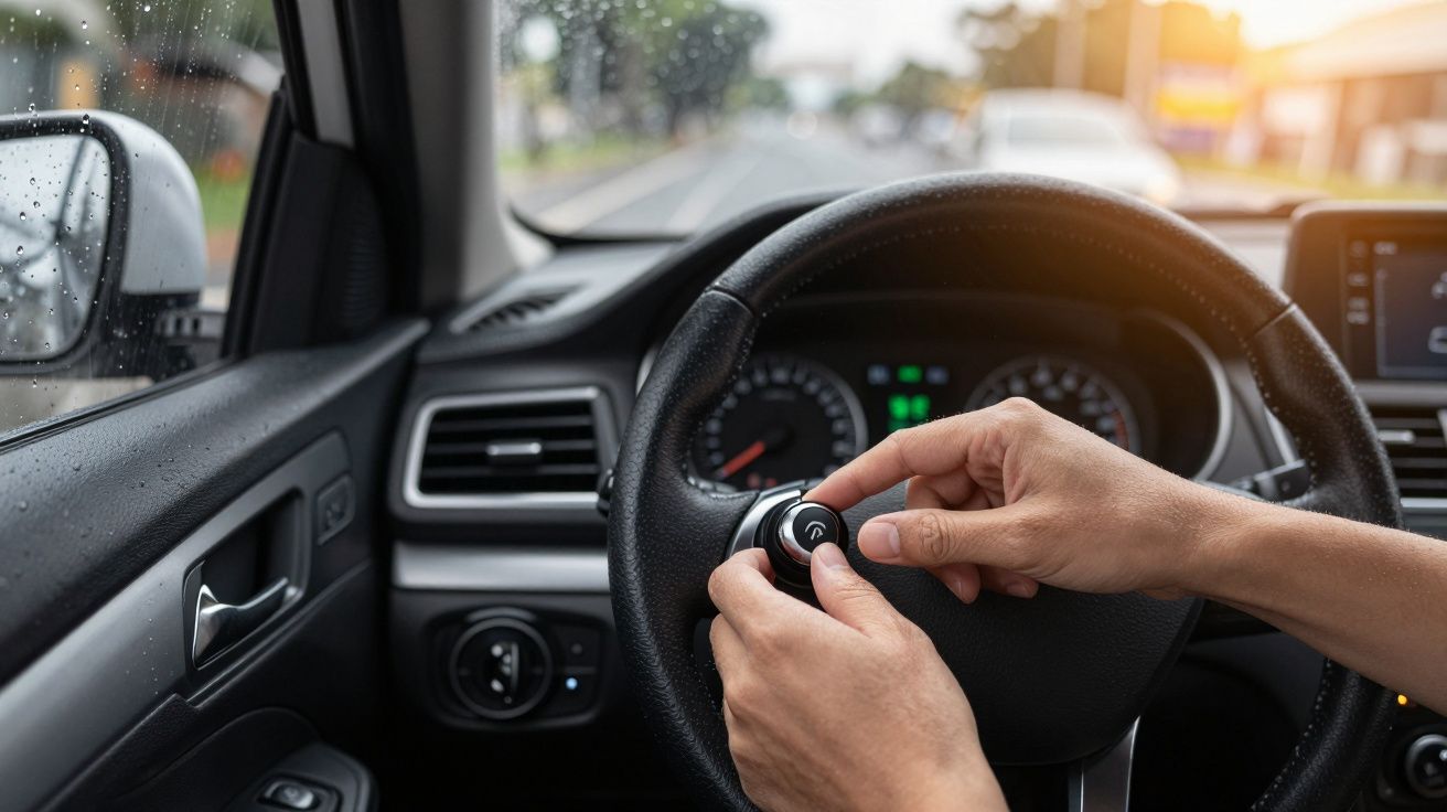 Mãos a ajustar o botão de controlo no volante de um carro em movimento, com a estrada visível pela janela.