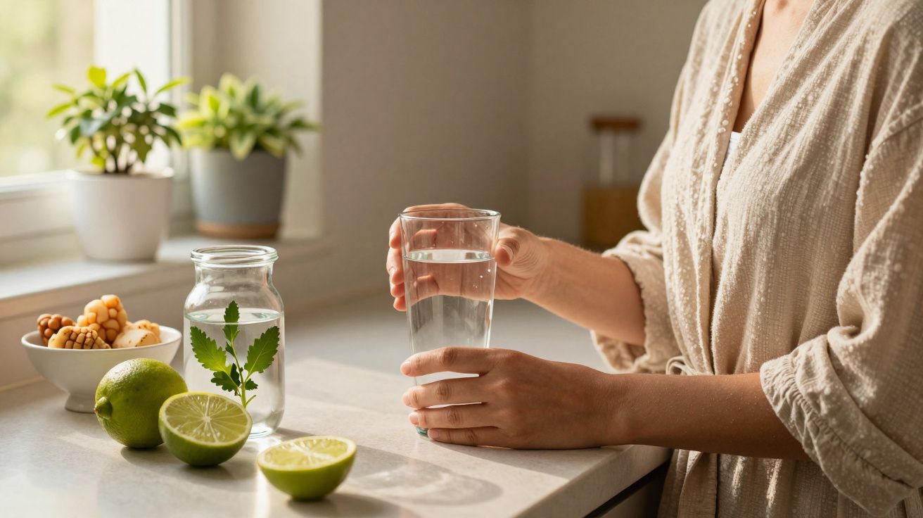 Pessoa segura um copo de água numa cozinha, com limões, nozes e plantas ao fundo.