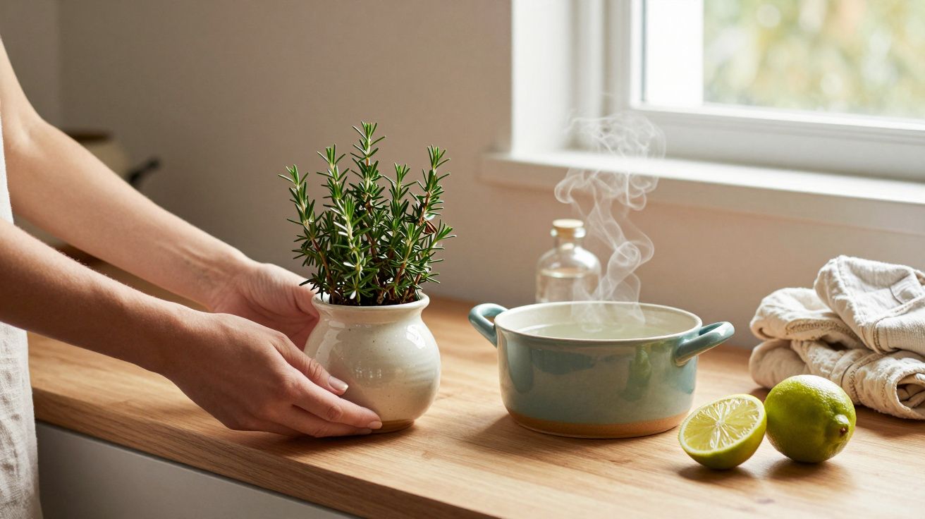 Mãos seguram vaso de alecrim numa cozinha, ao lado de uma sopa fumegante e limões.