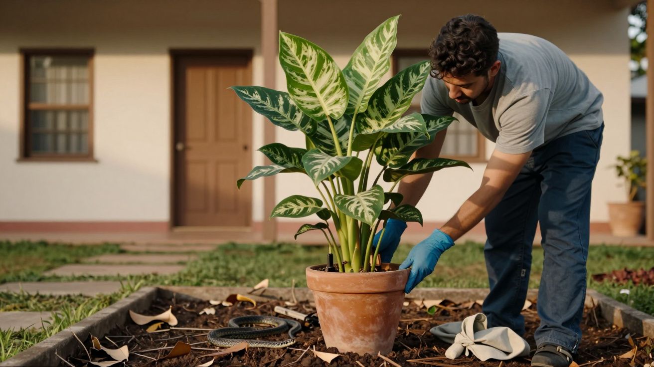 Homem a plantar uma planta num vaso de barro, no jardim de uma casa, usando luvas azuis.