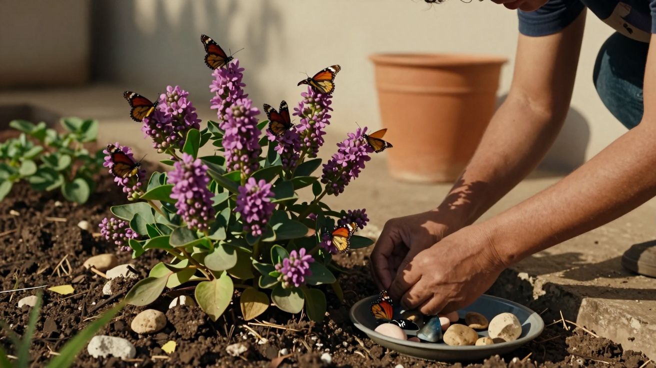 Homem organiza pedras ao lado de planta com flores roxas e borboletas num jardim.