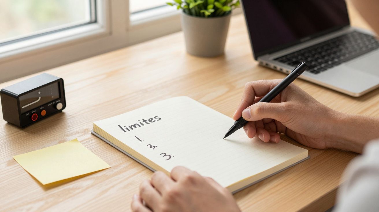 Pessoa escreve numa lista em caderno ao lado de computador portátil e relógio.