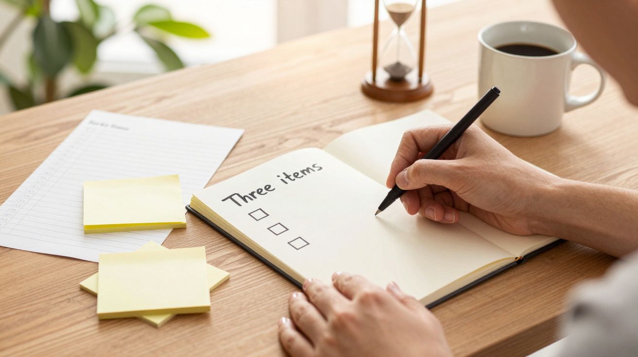 Pessoa escreve "Three items" numa lista de tarefas num bloco de notas, com papéis e uma chávena de café na mesa.