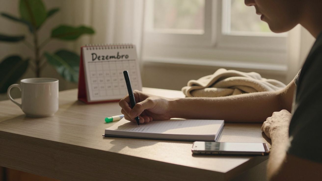 Pessoa escrevendo num caderno em frente a uma janela, com um calendário de dezembro e uma caneca na mesa.