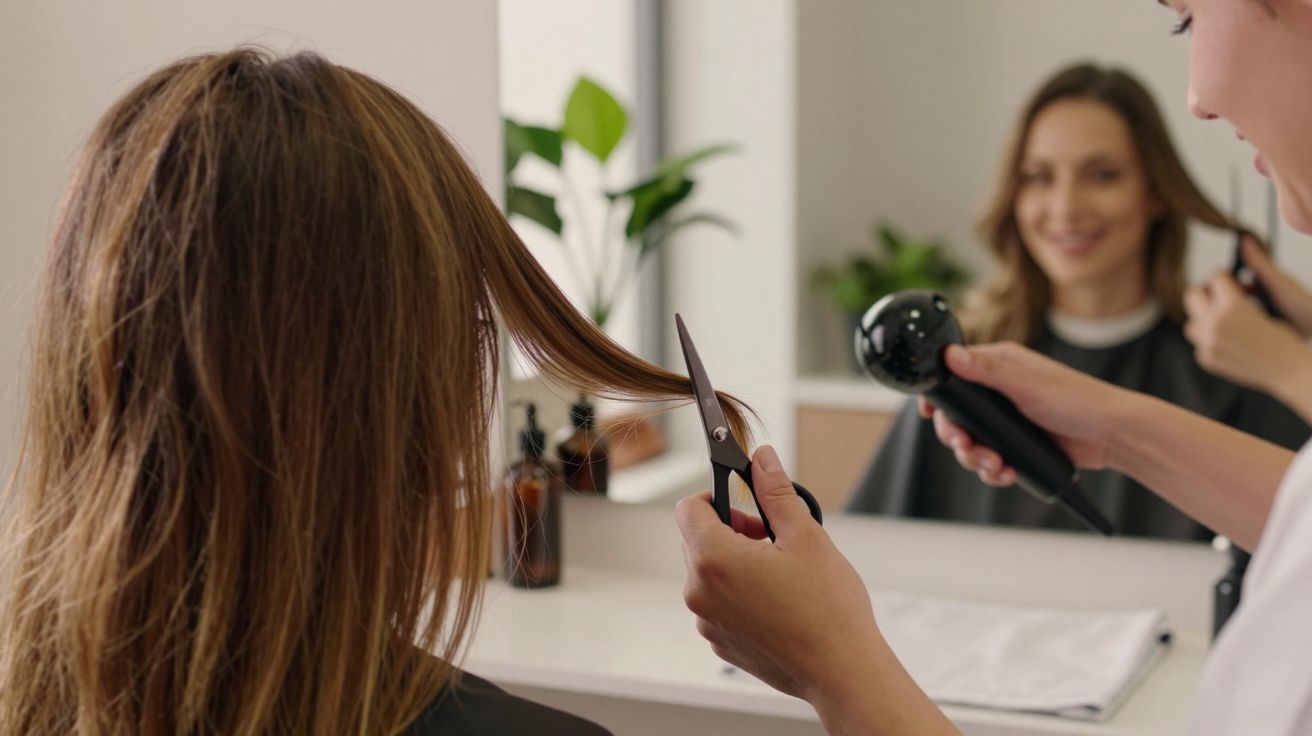 Cabelereiro corta cabelo de mulher em frente a um espelho.