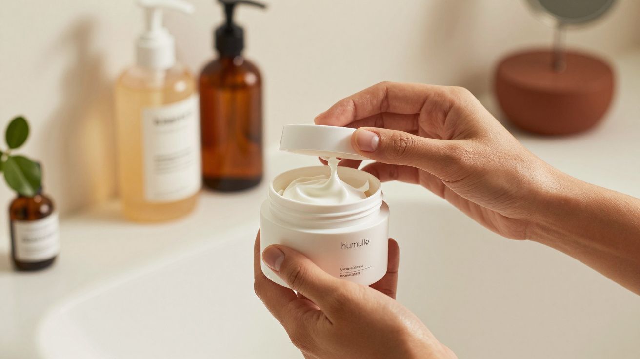 Mãos seguram um frasco de creme branco, rodeado por frascos de cosméticos sobre uma bancada de casa de banho.