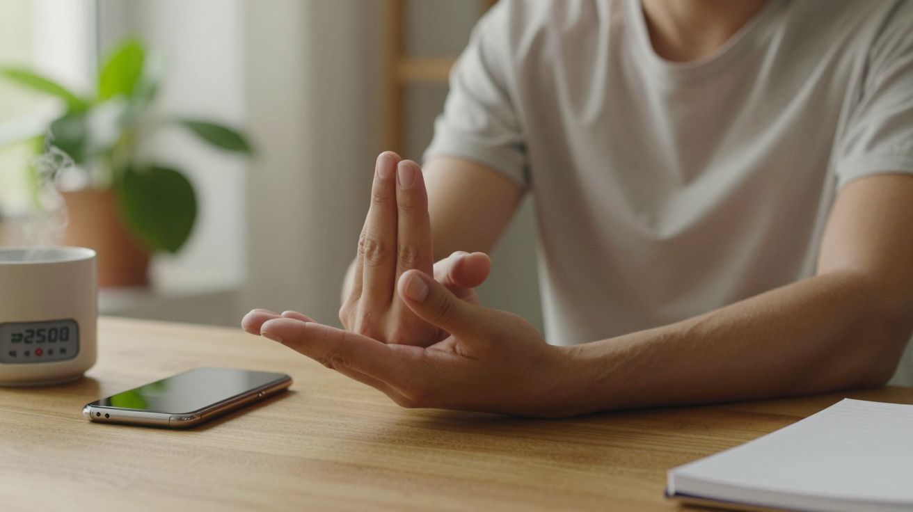 Pessoa a fazer exercício de alongamento dos dedos numa mesa com smartphone, caderno e caneca ao lado.