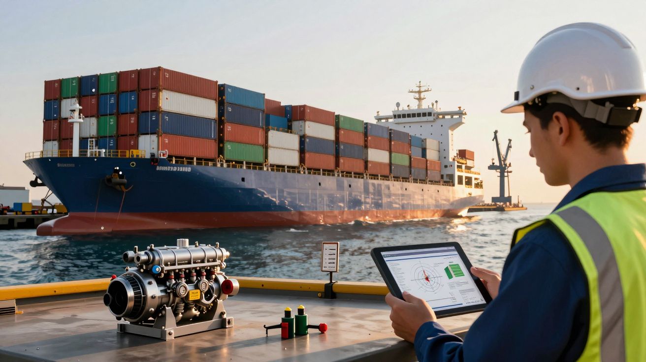 Homem de capacete e colete analisa gráficos num tablet, enquanto navio porta-contentores passa ao fundo.