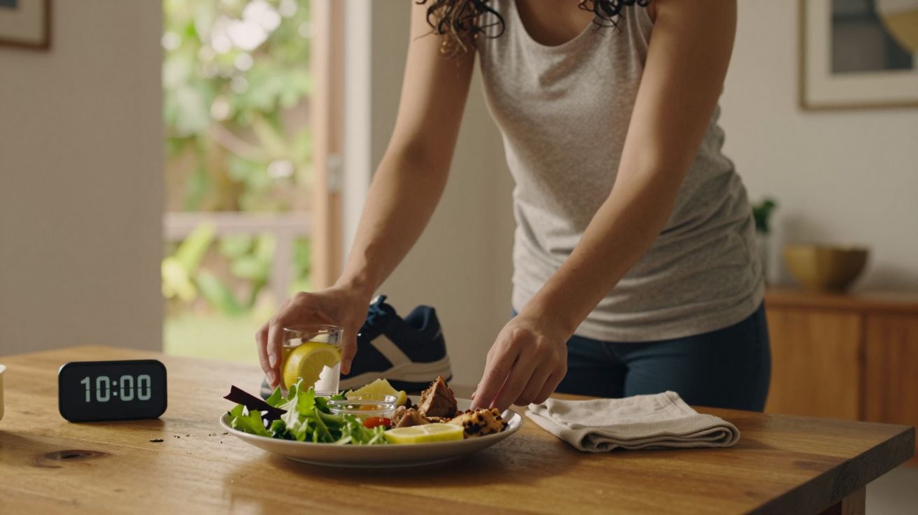 Mulher prepara salada à mesa com relógio a marcar 10:00.