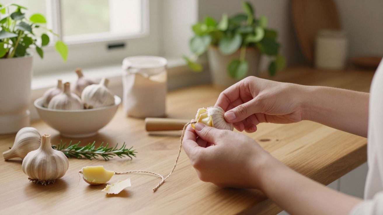 Pessoa a descascar alho numa bancada de madeira, com plantas e mais alhos ao fundo.