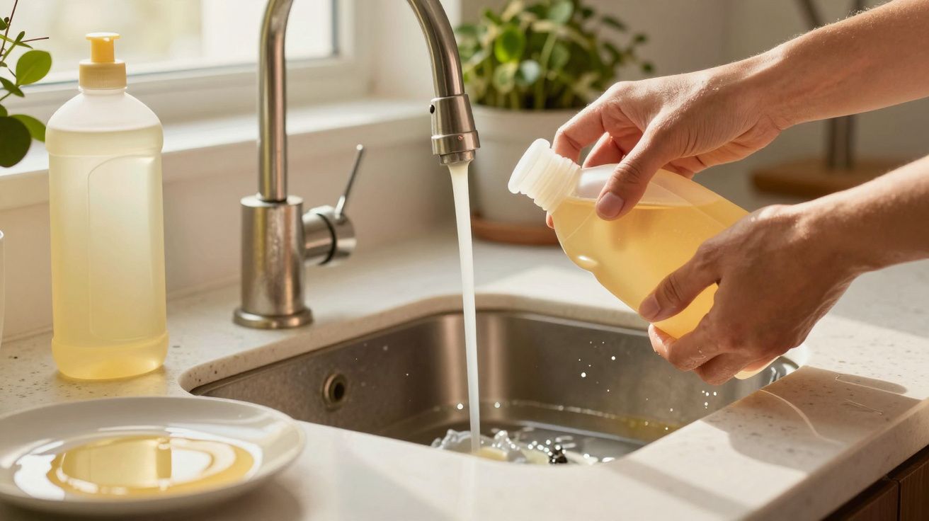 Mãos a despejar detergente líquido num lava-loiça com água corrente, plantas ao fundo.