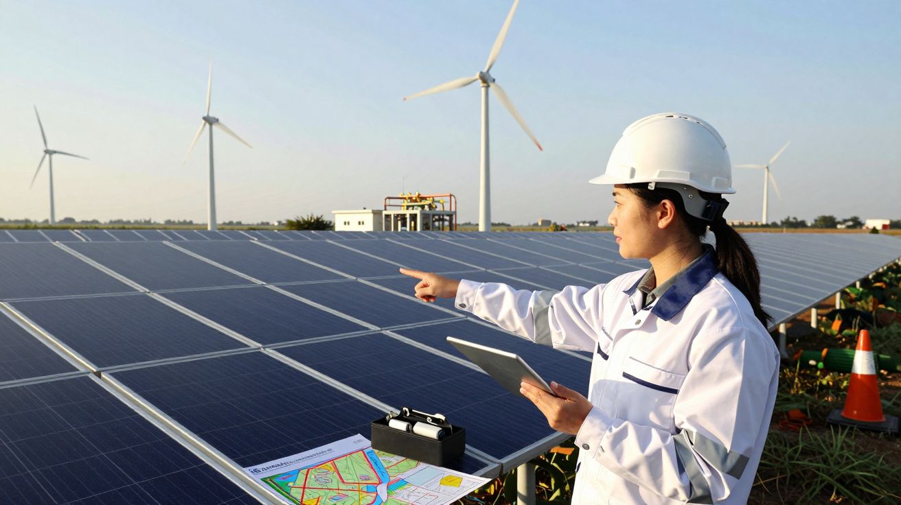Engenheira com tablet inspeciona painéis solares num campo eólico, com turbinas ao fundo.