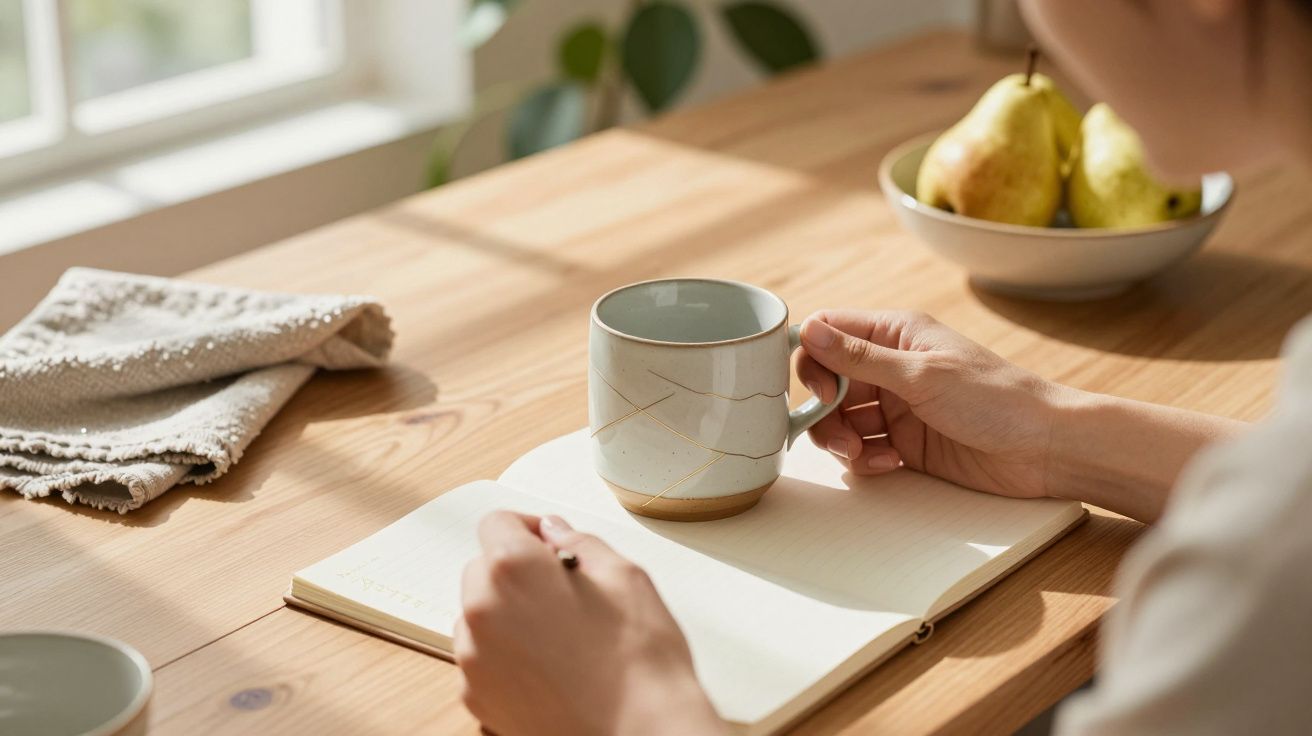 Pessoa segurando uma caneca enquanto escreve num caderno em mesa de madeira. Pêras e pano na mesa.