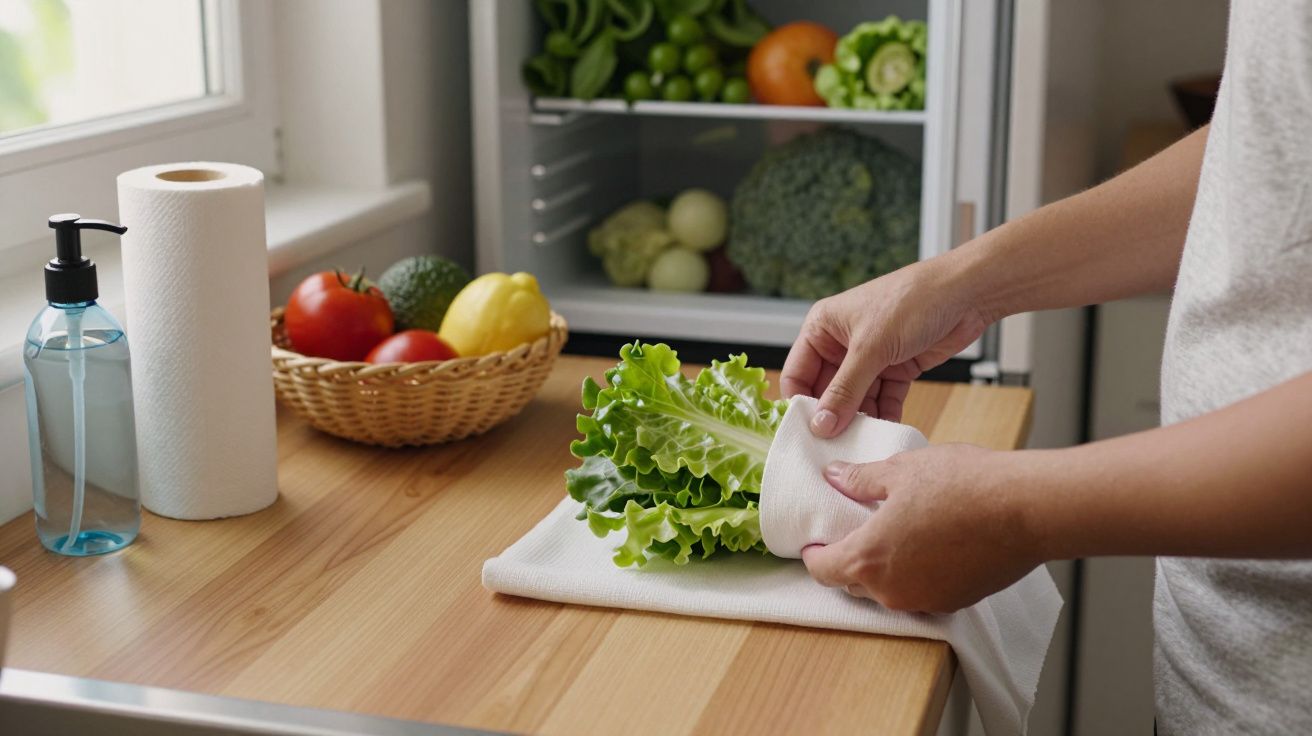 Pessoa a embrulhar alface em papel de cozinha numa bancada com frutas e vegetais ao fundo.