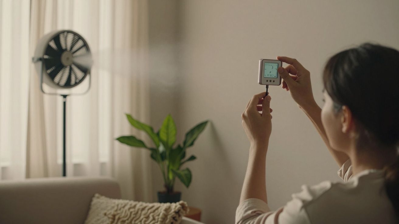 Pessoa a medir a humidade do ar com um dispositivo digital perto de uma ventoinha e planta numa sala iluminada.