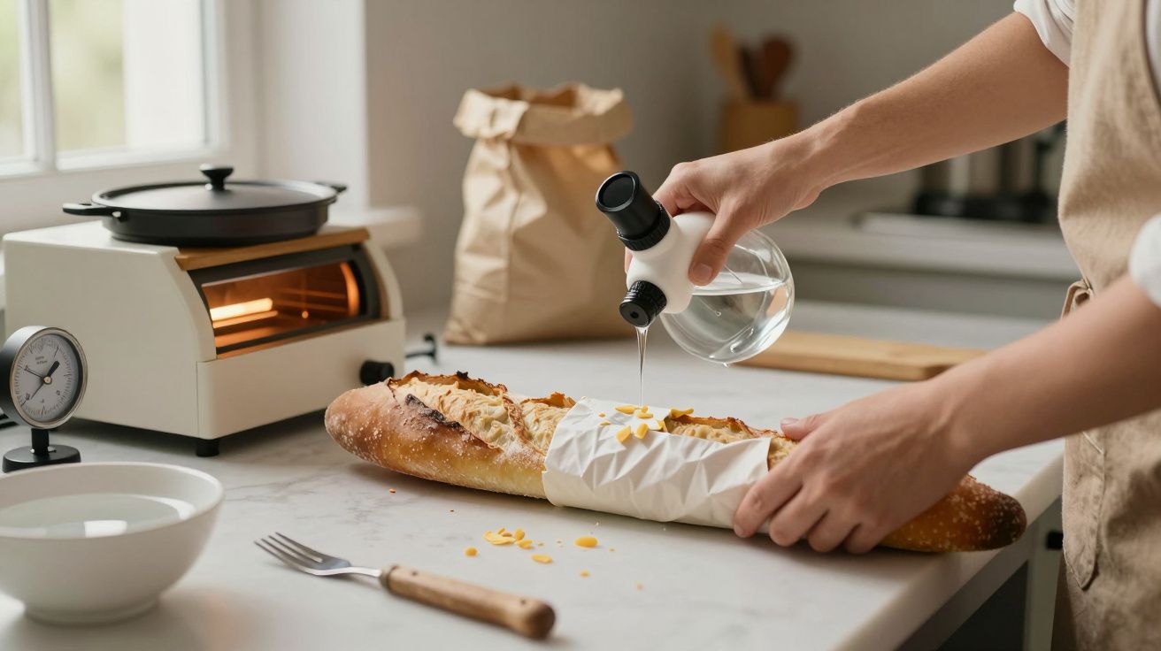 Pessoa adiciona azeite a baguete na cozinha, com forno elétrico ao lado.
